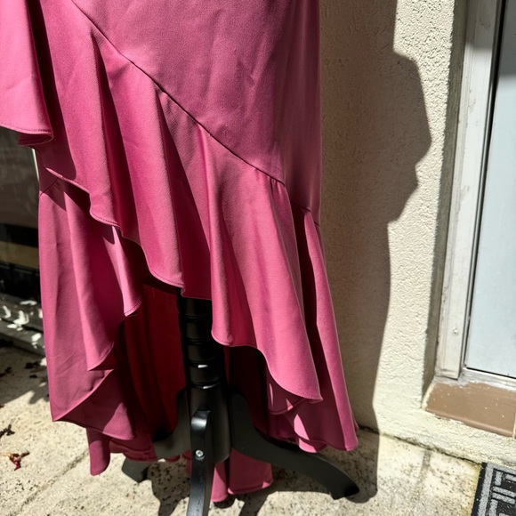 NICOLE MILLER. Pink Spaghetti Strap Ruffle High/Low Gown. S-6. Built in … - Picture 6 of 11